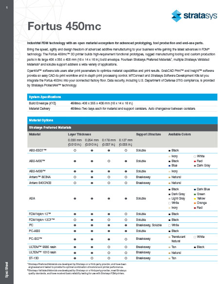 Stratasys Fortus 450mc Specs